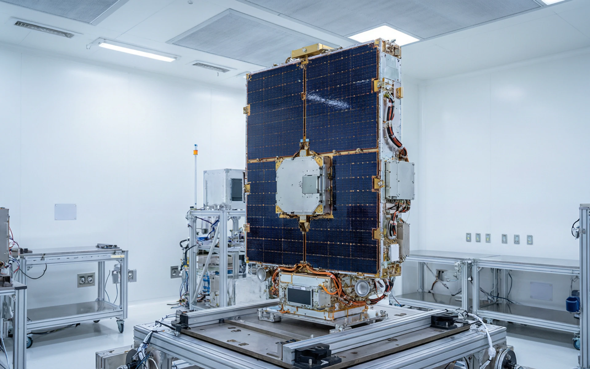 クリーンルームで総組立を完了した衛星プラットフォーム